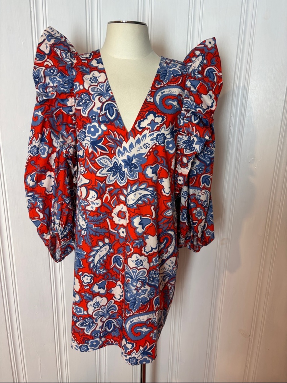 NWOT ZARA Bold Paisley Print Ruffle Mini Dress W/ Puff Sleeves | Size XL